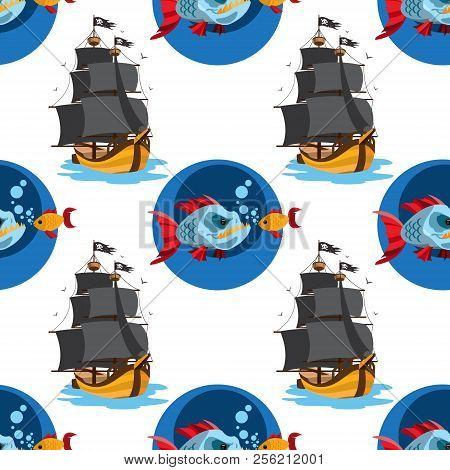 Seamless Pattern For Design Surface Piranha And Goldfish.