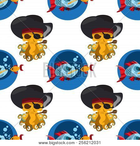 Seamless Pattern For Design Surface Piranha And Goldfish.