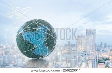 Travel Around The World By Airplane Concept.  Mock Up The Globe And International Air Flight Icon Wi