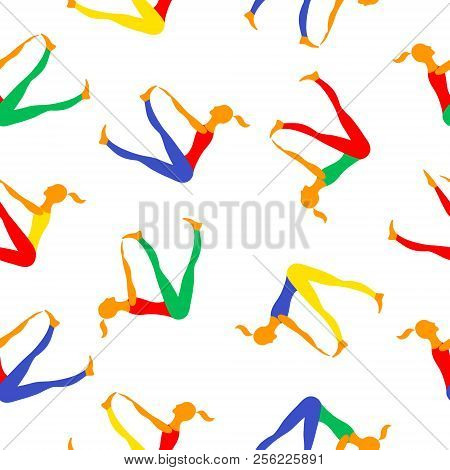Women Practice Gymnastics In Sit Poses. Vector Seamless Pattern Images.