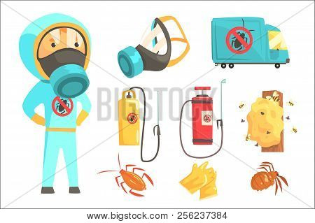 Exterminators Of Insects In Chemical Protective Suit With Equipment And Products Set. Pest Control S