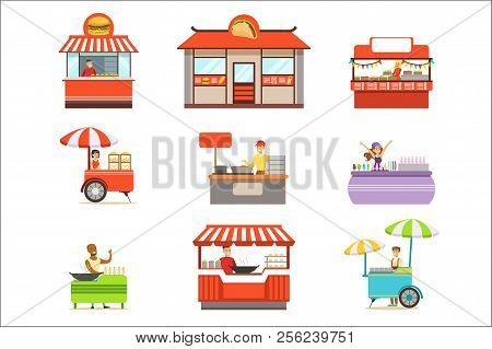 Street Food Kiosk Set On Wheels And Without With Smiling Vendor Serving Fast Food Vector Illustratio