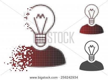 Bulb Inventor Icon In Dissolved, Pixelated Halftone And Undamaged Whole Variants. Particles Are Comb