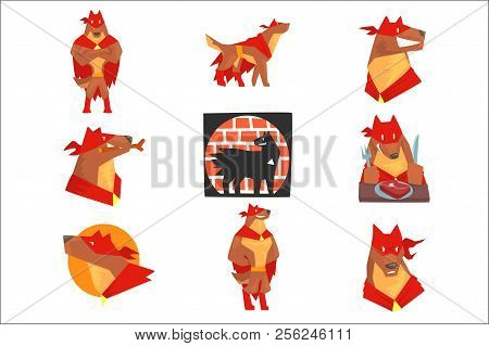 Dog Superhero Character In Action Set, Dog In Different Poses With Red Cape Vector Illustrations