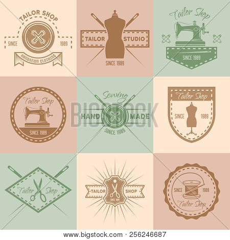 Set Of Tailor Shop Vector Colored Vintage Labels, Badges, Emblems And Logos, Sewing Atelier Retro De