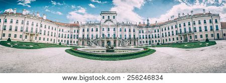 Esterhazy Castle In Fertod, Hungary. Panoramic Photo. Architectural Scene. Travel Destination. Analo
