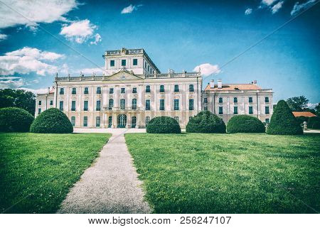 Esterhazy Castle With Park In Fertod, Hungary. Architectural Scene. Travel Destination. Analog Photo