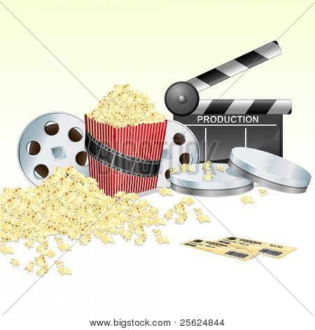 illustration af clapper baord med filmen hjuls billet og pop corn på isolerede hvid baggrund