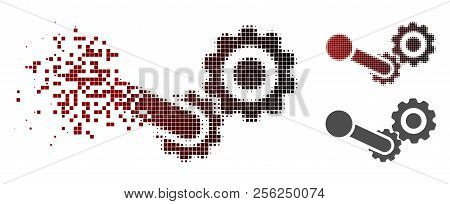 Engine Icon In Dispersed, Pixelated Halftone And Undamaged Entire Variants. Particles Are Combined I