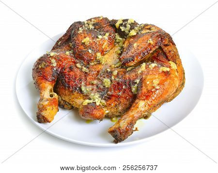 Grilled Fried Roast Chicken Tabaka On White Plate