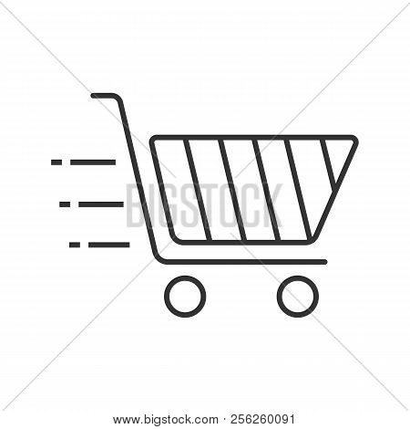 Flying Shopping Cart Linear Icon. Fast Purchases. Thin Line Illustration. Quick Online Shopping. Con