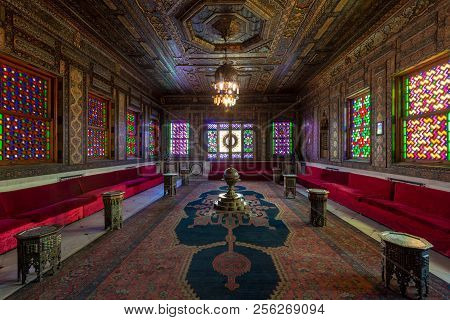Cairo, Egypt - December 2 2017: Manial Palace Of Prince Mohammed Ali. Syrian Hall With Ornate Wooden