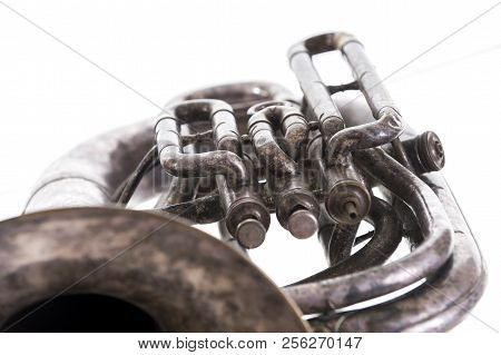 Chrome-plated Vintage Music Trumpet, Old Musical Wind Instrument Isolated On White Background,