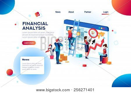 Finance Analysts. Concept Of Analytics For Website, Small Social Presentation, Magnifying Infographi