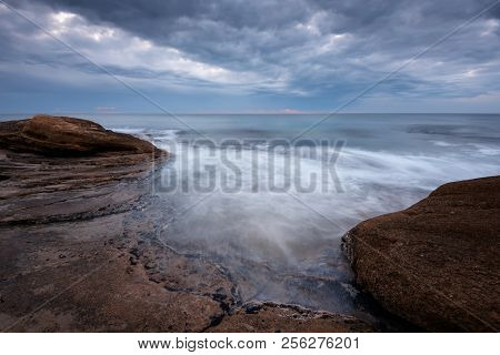 Seascape During Sunrise. Beautiful Natural Seascape, Blue Hour. Sea Sunrise At The Black Sea Coast. 