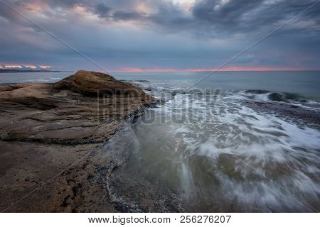 Seascape During Sunrise. Beautiful Natural Seascape, Blue Hour. Sea Sunrise At The Black Sea Coast. 