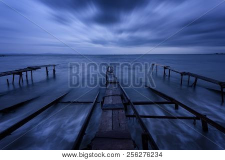 Seascape During Sunset. Beautiful Natural Seascape, Blue Hour. Sea Sunset At The Black Sea Coast. Ma