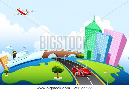 illustration of office building and road on globe