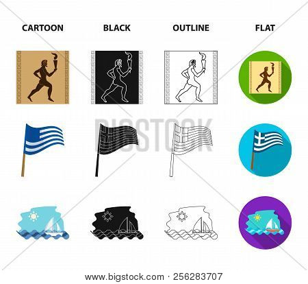 Greece, Running, Wine, Flag .greece Set Collection Icons In Cartoon, Black, Outline, Flat Style Vect