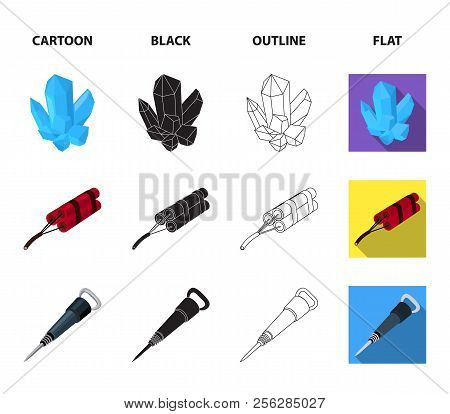Minerals, Explosives, Jackhammer, Pickaxe.mining Industry Set Collection Icons In Cartoon, Black, Ou