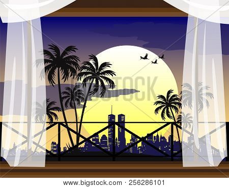 Beautiful View Of Bungalows, Palm Trees And Beach Near The Sea. Vector Illustration