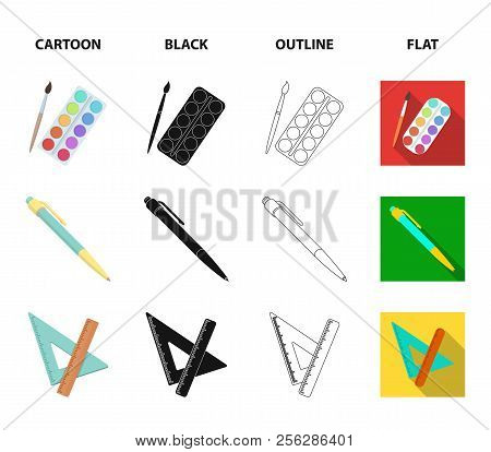 Multicolored Paints With A Tassel, Pen, Triangle And Ruler, Satchel, Briefcase. School And Education