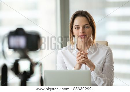 Successful Businesswoman Vlogger Or Coach Talking To Camera Film