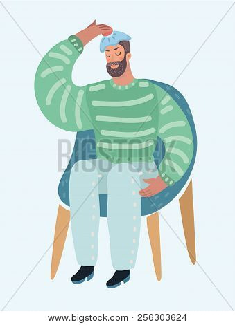 Vectro Cartroon Illustration Of Sleepy Tired Man Character. Early Morning Monday. Hangover Or Sick C