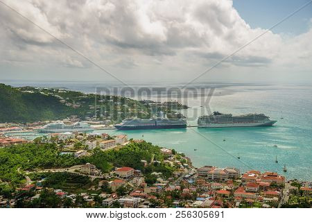 Three Cruise Ships In The Port Of St Thomas, Us Virgin Islands