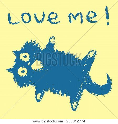 Cute Fur Cat Lies On Its Back And Says Love Me. Yellow Background Color. Vector Illustration.