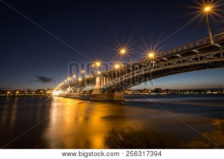 Cityscape Of The German City Of Mainz With Theodor Heuss Bridge Seen From Wiesbaden