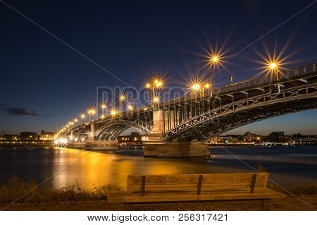 Cityscape Of The German City Of Mainz With Theodor Heuss Bridge Seen From Wiesbaden