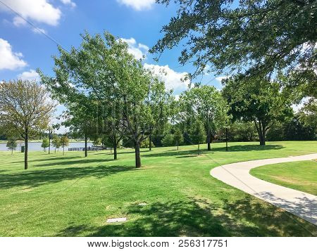 Beautiful Green Park With Pathway Trail In Coppell, Texas, Usa