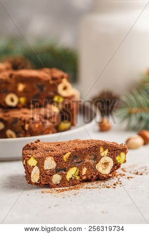 Italian Christmas Dessert Panforte With Nuts, Chocolate And Candied Fruits. Christmas Background, Ch