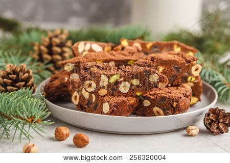 Italian Christmas Dessert Panforte With Nuts, Chocolate And Candied Fruits. Christmas Background, Ch