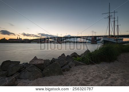 Cityscape Of The German City Of Mainz With Theodor Heuss Bridge Seen From Wiesbaden
