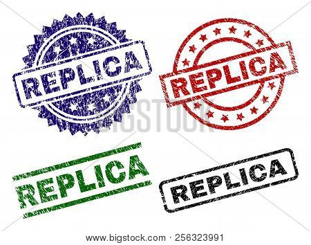 Replica Seal Prints With Damaged Texture. Black, Green, Red, Blue Vector Rubber Prints Of Replica Ti