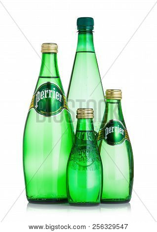 London, Uk - September 03, 2018 : Bottles Of Perrier Sparkling Water. Perrier Is A French Brand Of N