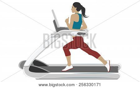 Sports Woman - Training On A Treadmill - Isolated On White Background - Flat Style - Art Vector