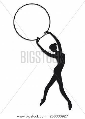 Gymnastics - Silhouette Of A Woman With A Hoop In Hands - Isolated On White Background - Flat Style 