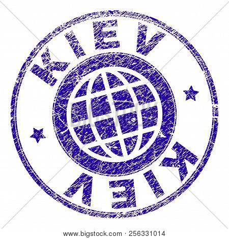Kiev Stamp Imprint With Distress Texture. Blue Vector Rubber Seal Imprint Of Kiev Tag With Corroded 