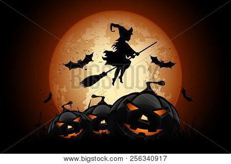 Halloween Background With Whitch And Pumpkin. Holiday Illustration With Bats And Pumpkins.