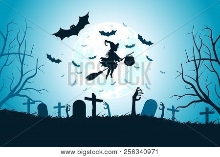 Halloween Background With Whitch. Holiday Card With Graveyard And Zombie Hands.