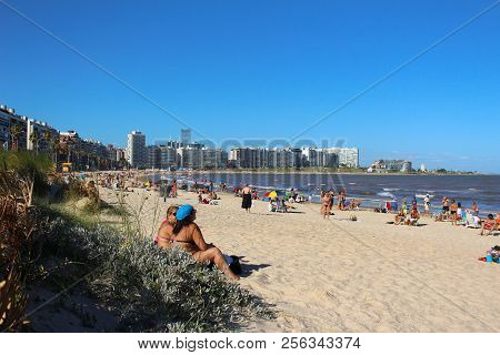Montevideo, Uruguay - 2018-02-06 : People Enjoying Pocitos Beach On A Sunny Summer Day, Montevideo, 