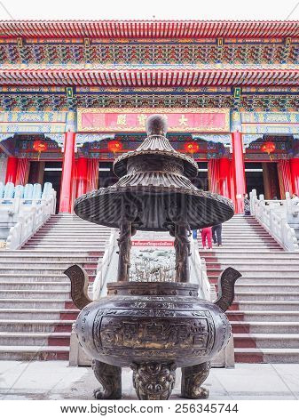 Nonthaburi, Thailand - August 26, 2018: Chinese Architecture Style Of Temple Name Wat Borom Raja Kan