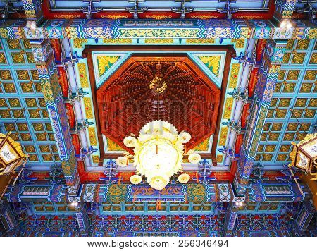Nonthaburi, Thailand - August 26, 2018: Beautiful Lantern Hang On Ceiling At Chinese Temple Name Wat