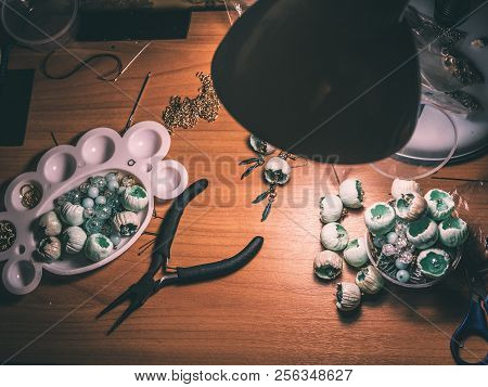 Buds Of Polymer Clay, Round Pliers, Working Space.   Beautiful Original Beads From Polymeric Hand-wo