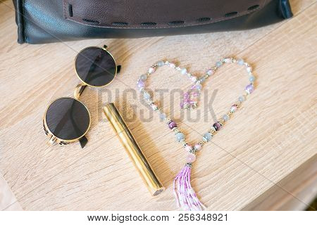 Glasses, Mascara, Decoration, Bag. Girl Is Going To The Event.