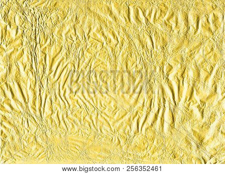 Shiny Yellow Gold Crumpled Wrapping Paper Foil Texture For Wallpaper Decoration Element Background, 