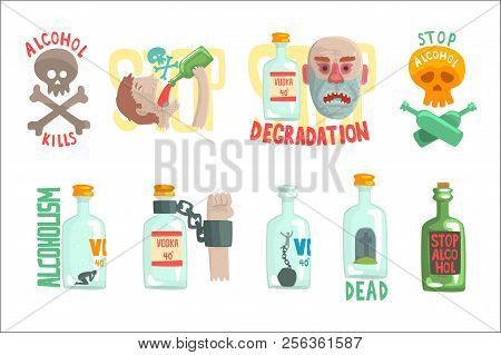 Dangers And Risk From Alcohol Set, Alcoholism Vector Illustrations